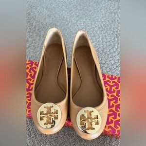 Tory Burch Gold Logo Tan Flats